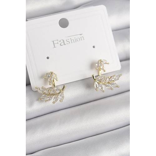 Pirin� Gold Renk Zirkon Ta�l� Yaprak Model Kad�n K�pe