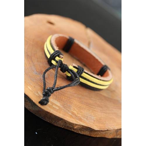 Metal Aksesuarl� Sar� Siyah Renk Deri Erkek Bileklik