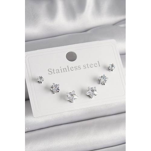 316L �elik G�m�� Renk Zirkon Ta�l� Y�ld�z Model Kad�n K�pe Seti