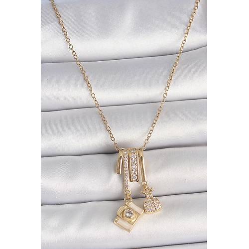 316L �elik Gold Renk Zirkon Ta�l� Sallant� Foto�raf Makinas� Fig�r Charm Kad�n Kolye