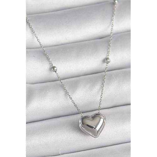 316L �elik G�m�� Renk Top�uk Detay Zincir Kalp Model Kad�n Kolye