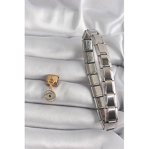 316L �elik Gold Renk Sallant� Zirkon Ta�l� G�z Model Nomination Charm