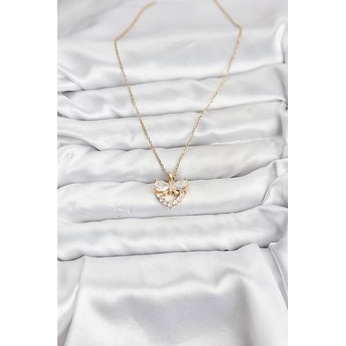 316L �elik Zincir Gold Renk Kalp ve Fiyonk Model Zirkon Ta�l� Kad�n Kolye