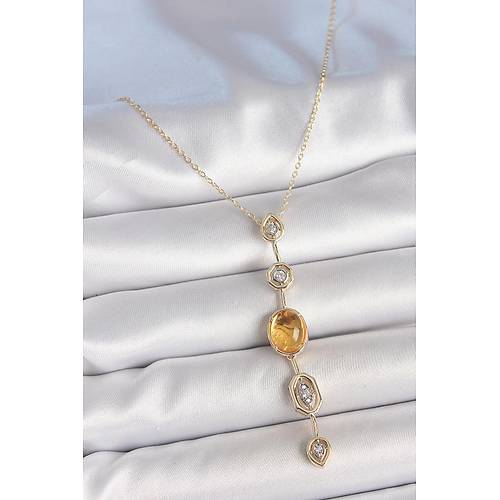 Pirin� Zincir Kehribar Sar� Gold Renk  Zirkon Ta�l� Y Kolye