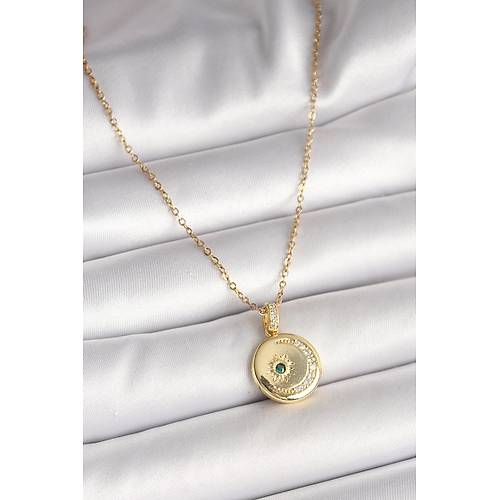 316L �elik Gold Renk Zincir Zirkon Ta� ��lemeli Hilal Y�ld�z ��lemeli Madalyon Model Kad�n Kolye