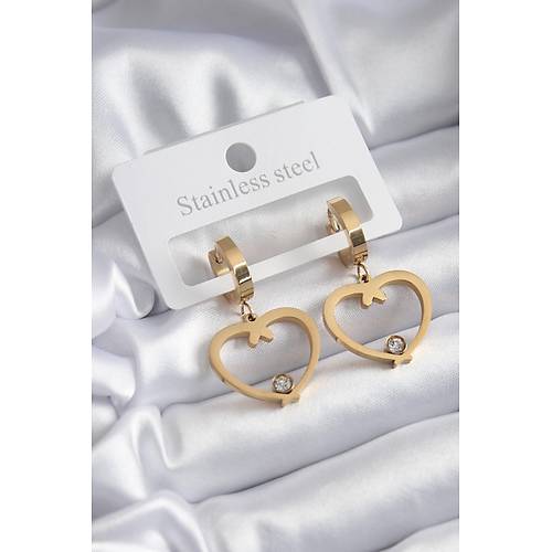 316L �elik Gold Renk Kalp Model Zirkon Ta� Detay Kad�n K�pe