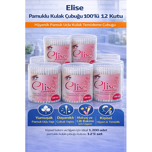 Elise Pamuklu Kulak �ubu�u 100'l� 12 Kutu Toplam 1200 Adet Pamuk U�lu Kulak Temizleme �ubu�u Seti