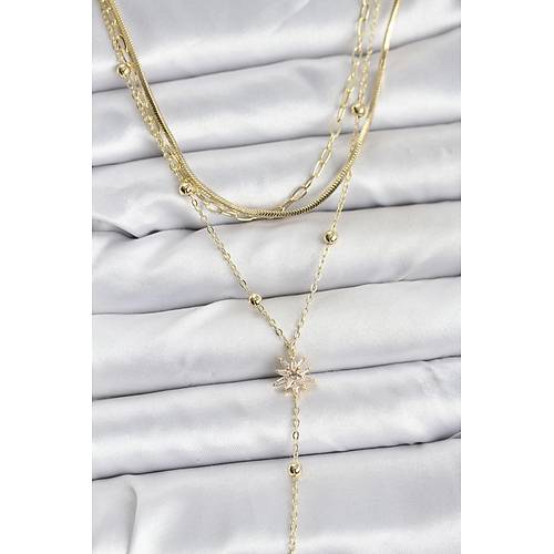 Pirin� Gold Renk Kutup Y�ld�z� Model Detayl� 3'l� Kombin Y Kad�n Kolye