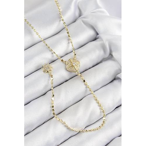 Pirin� Zirkon Ta�l� Ezme Zincirli Madalyon Model Gold Renk Y Kolye