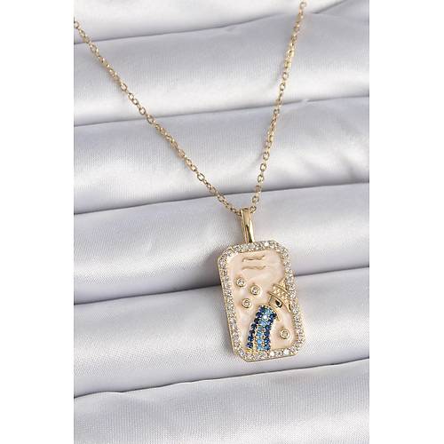 316L �elik Gold Renk Zincir Kova Burcu Zirkon Ta�l� Kad�n Kolye