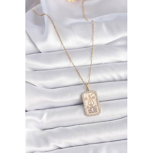 316L �elik Gold Renk Zincir Terazi Burcu Zirkon Ta�l� Kad�n Kolye