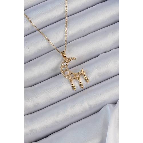 316L �elik Zincir Alt�n Renk ��lemeli Zirkon Ta�l� Ay Kolye