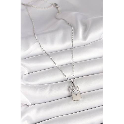 316L �elik G�m�� Renk Zincir Zirkon Ta�l� Yonca Model Kad�n Kolye
