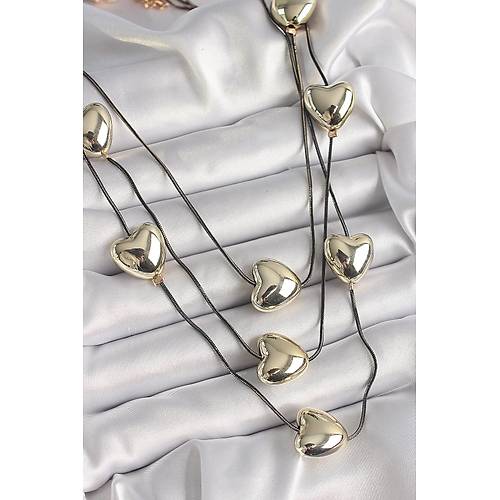 Pirin� F�me Renk Zincir 3D Gold Renk Kalp Model Kad�n Kolye