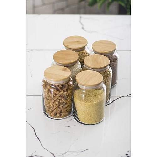 6 L� Set Bambu Kapakl� Cam Kavanoz & Erzak Saklama Kab� 800 ml Orta Boy ( Vakum Kapak )
