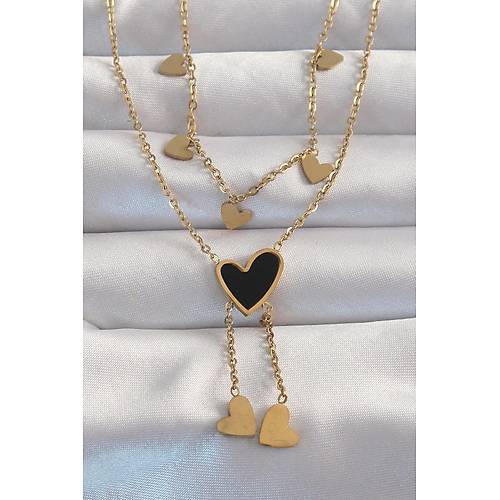 316L �elik Gold Renk Mineli �oklu Kalp Kolye