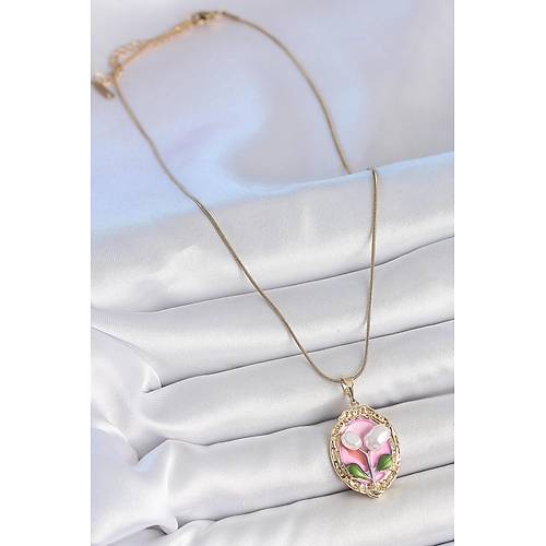 316L �elik Gold Renk Zincir Pembe Mineli �ncili �i�ek ��lemeli Portre Model Kad�n Kolye