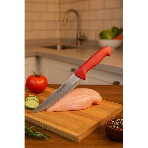 Paslanmaz �elik Kasap B��a�� K�rm�z� Sapl� Et ve Mutfak B��a�� 27 cm