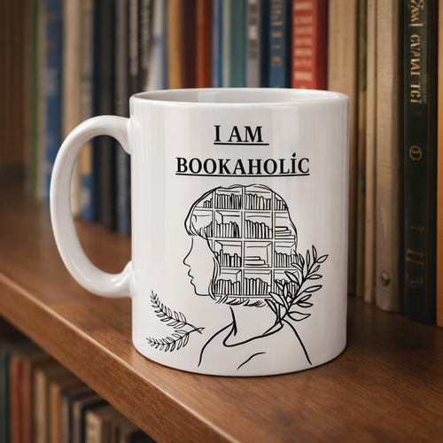I Am Bookaholic Yaz�l� Kitap Temal� Kupa Model 213 Bask�l� Seramik Kahve Kupas�