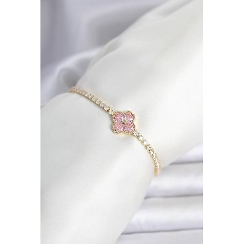 Pirin� Gold Renk Pembe Zirkon Ta�l� Yonca Model Su Yolu Kad�n Bileklik