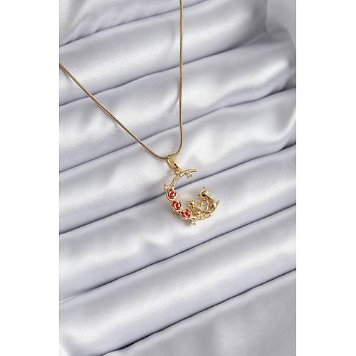 316L �elik Gold Renk Hilal Kedi Model Zirkon Ta�l� Detay Kad�n Kolye