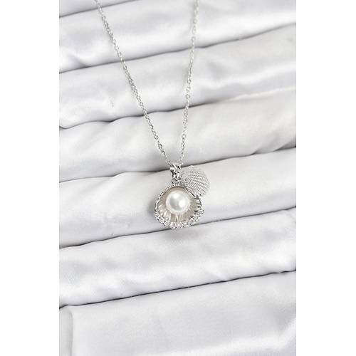 316L �elik Zincir G�m�� Renk �ncili Deniz Kabu�u Model Zirkon Ta�l� Kad�n Kolye