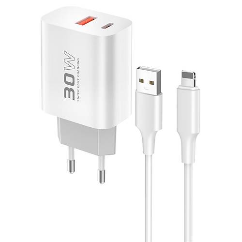C89Q 1 Adet 30W Type-C ve 1 Adet 22.5W USB ��k��l� Ekstra DL48 1M USB to Lightning Kablolu PD �arj Cihaz� - Beyaz