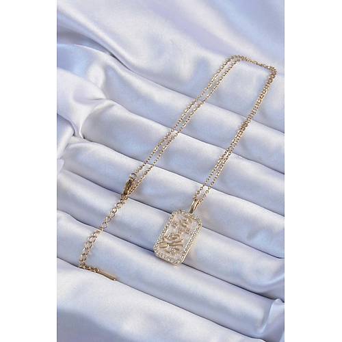 316L �elik Zincir Alt�n Renk Zirkon Ta�l� �er�eveli Tarot Kolye