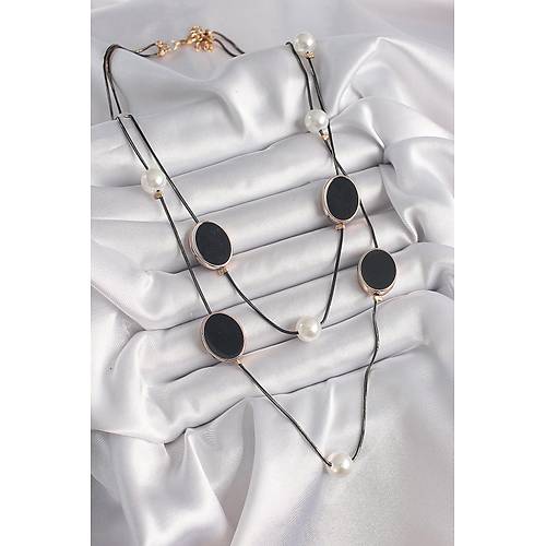 Pirin� Siyah Renk Zincir �nci Detayl� �oklu Kad�n Kolye