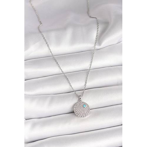 316L �elik G�m�� Renk Zincir Zirkon Ta�l� Mavi Ta� Detayl� Madalyon Model Kad�n Kolye