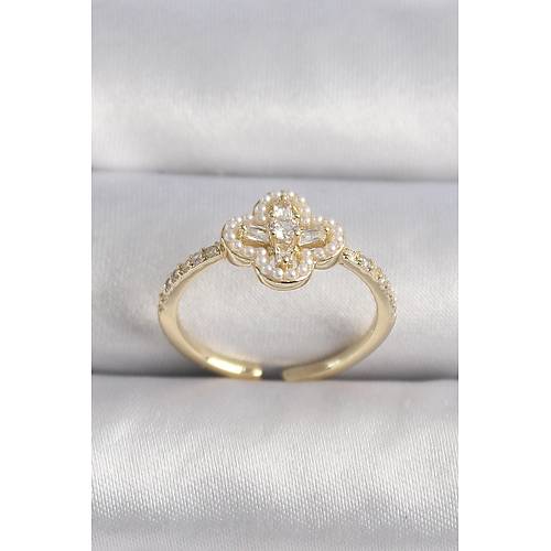 Pirin� Gold Renk Zirkon Ta�l� Yonca Model �nci Detay Kad�n Y�z�k