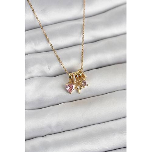 316L �elik Gold Pembe Zirkon Ta�l� Charml� Kad�n Kolye