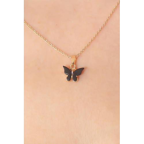 Gold Siyah Renk Kelebek Fig�r Kad�n Kolye