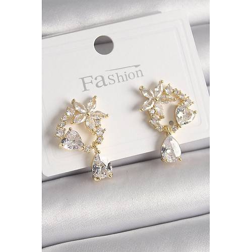 Pirin� Gold Renk Zirkon Ta�l� �i�ek Model Sallant� Damla Detay Kad�n K�pe