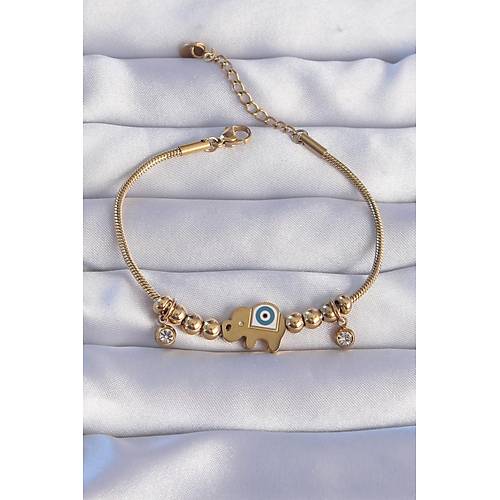 316L �elik Gold Renk Zirkon Ta�l� Nazarl� Fil Tasar�ml� Bileklik