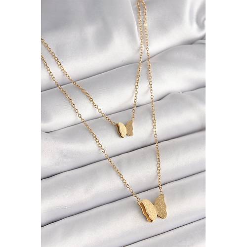 316L �elik Gold Renk 2'Li Simli Kelebek Model Kad�n Kolye