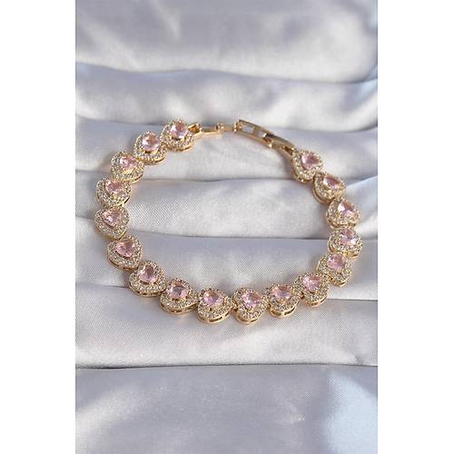 Vip Seri Pirin� Gold Renk Pembe Zirkon Ta�l� Kalp Tasar�ml� Bileklik