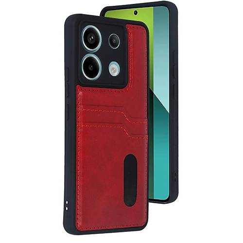Redmi Note 13 Pro 5G K�l�f Sara Kartvizitli Deri K�l�f - K�rm�z�