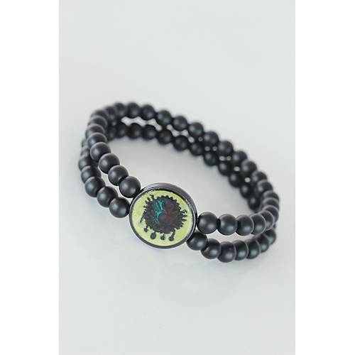 Sar� Renkli Metal �zerine Osmanl� Arma Fig�rl� Siyah Renk �ift S�ra Do�al Ta� Erkek Bileklik