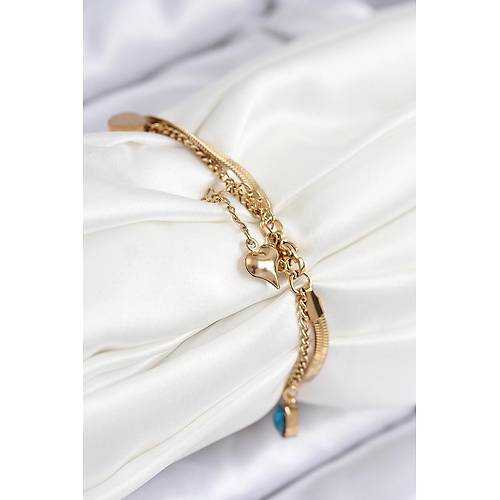 316L �elik Nazar Boncuk Detayl� Mavi Zirkon Ta�l� Model �talyan Zincir Gold Renk Kad�n Bileklik