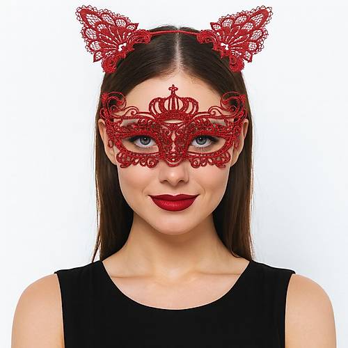 L�ks K�rm�z� Dantel Ta�l� Maske Seti 2 No - Parti, Balo, Kost�m Aksesuar�