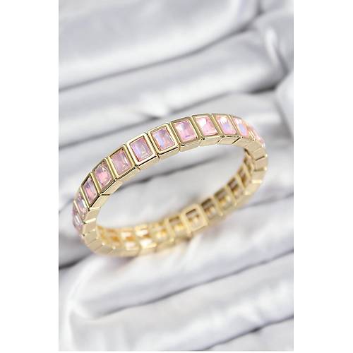 Pirin� Pembe Zirkon Ta�l� Dikd�rtgen Model Gold Renk Lastikli Kad�n Bileklik