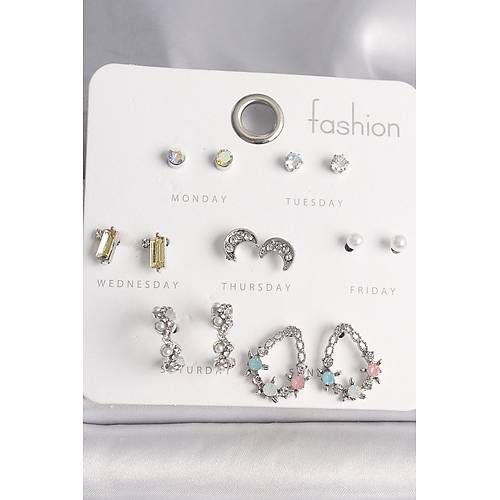 Pirin� G�m�� Renk Renkli Zirkon Ta�l� Halka Damla Fig�r Hilal Detay 7 �ift Kad�n K�pe Seti