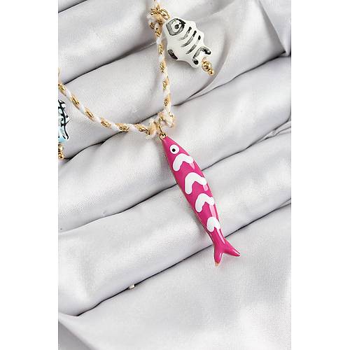 Seramik Motifli Pembe Bal�k Fig�rl� Model Krem �p Kad�n Kolye