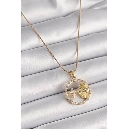 316L �elik Gold Renk Zincir Zirkon Ta�l� Y�ld�z ��leme Madalyon Model Kad�n Kolye