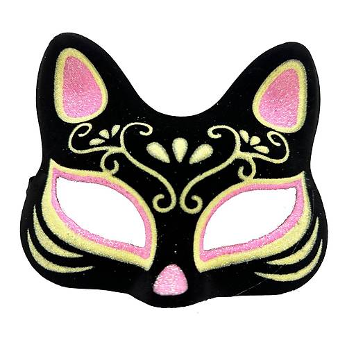 Siyah Renk S�et Kaplama �zeri Pembe Sar� Simli Kedi Maskesi 17x14 cm