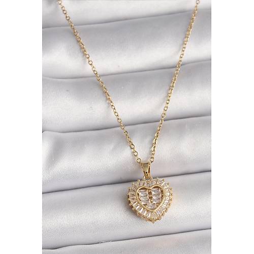 316L �elik Gold Renk Zincir Zirkon Ta�l� Kalp Model Kad�n Kolye
