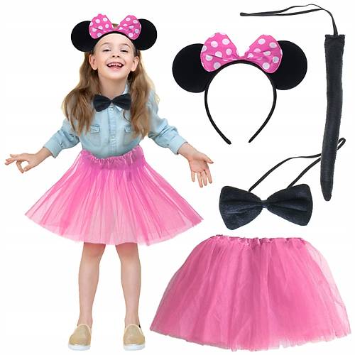 Minnie Kost�m Seti (Pembe T�t� Etek + Pembe Ta� + Papyon + Kuyruk)