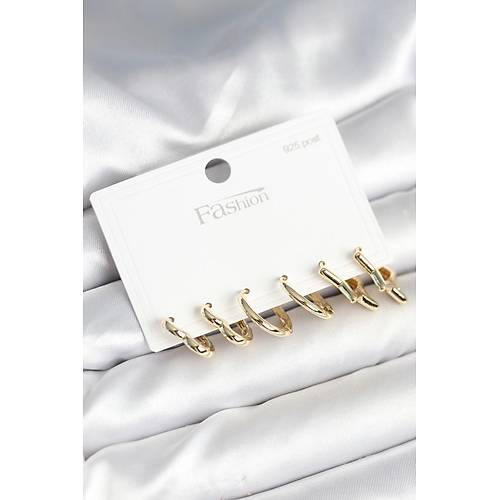 Pirin� Gold Renk Kalp Y�ld�z ve Halka Model 925 Ayar G�m�� �ivili Kad�n K�pe Seti