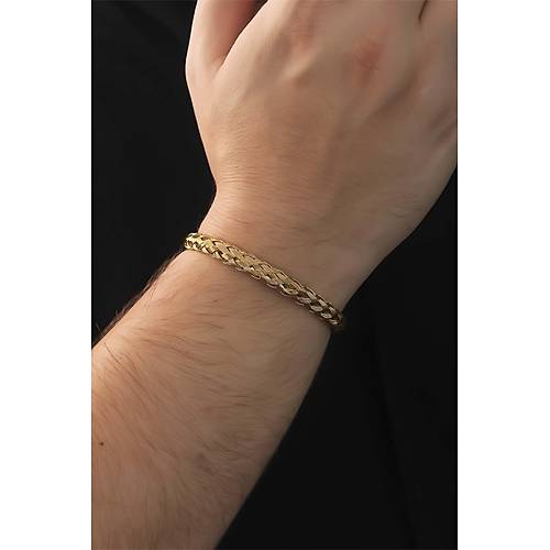 316L �elik Alt�n Renk Kal�n Yass� �rg� Model Erkek Bileklik